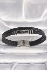 316L Çelik Gümüş Renk Gemi Dümeni Figür Siyah Burgu Deri Kordon Model Erkek Bileklik