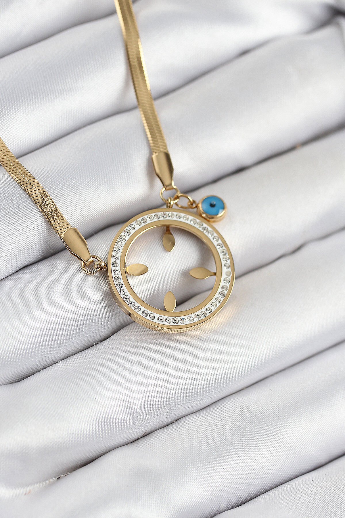 316L Çelik Zirkon Taşlı Çeyrek Takılabilir Gold Renk Kadın Kolye