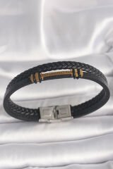 316L Çelik Gold Renk ZikZak İşlemeli Aksesuarlı Çift Sıra Burgu Desenli Deri Kordon Erkek Bileklik