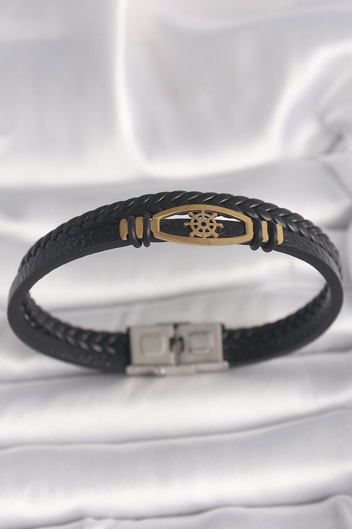 316L Çelik Gold Renk Gemi Dümen Figür Siyah Renk Çift Sıra Burgu Desenli Deri Kordon Erkek Bileklik