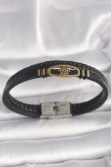 316L Çelik Gold Renk Gemi Dümen Figür Siyah Renk Çift Sıra Burgu Desenli Deri Kordon Erkek Bileklik