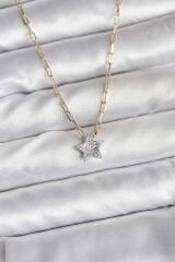 Pirinç Gold Renk Zincirli Zirkon Taşlı Minimal Yıldız Model Kadın Kolye