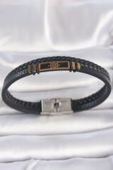 316L Çelik Gold Renk Gemi Dümeni Aksesuarlı Çift Sıra Burgu Desenli Deri Kordon Erkek Bileklik