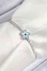 Pirinç Zirkon Taşlı Nazar Yıldız Model Gümüş Renk Asansörlü Kadın Bileklik