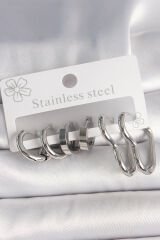 316L Çelik Gümüş Renk Kalp Halka Model Kadın Küpe Seti