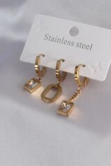 316L Çelik Gold Renk Kare Model Zirkon Taş Detay Kadın Küpe Kombini