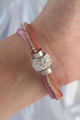 Pembe Renk Zirkon Taşlı Püskül Detay Deri Çoklu Bileklik