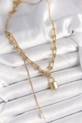 316L Çelik Gold Renk Tiffany Zincir Model Kilit Figür Sallantı İnci Detay Kadın Kolye