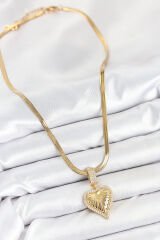316L Çelik Zirkon Taşlı Kalp Model Gold Renk Kadın Kolye