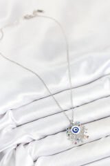 316L Çelik Zirkon Taşlı Nazar Model Gümüş Renk Kadın Kolye