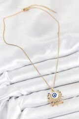 316L Çelik Zirkon Taşlı Nazar Model Gold Renk Kadın Kolye