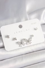 925 Ayar Gümüş Çivi Pirinç Gümüş Renk Zirkon Taşlı Kelebek Model Kadın Küpe Seti
