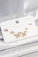 925 Ayar Çivi Gümüş Pirinç Gold Renk Zirkon Taşlı Kelebek Model Kadın Küpe Seti