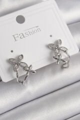 Pirinç Gümüş Renk Zirkon Taşlı 2'Li Çiçek Model Kadın Küpe