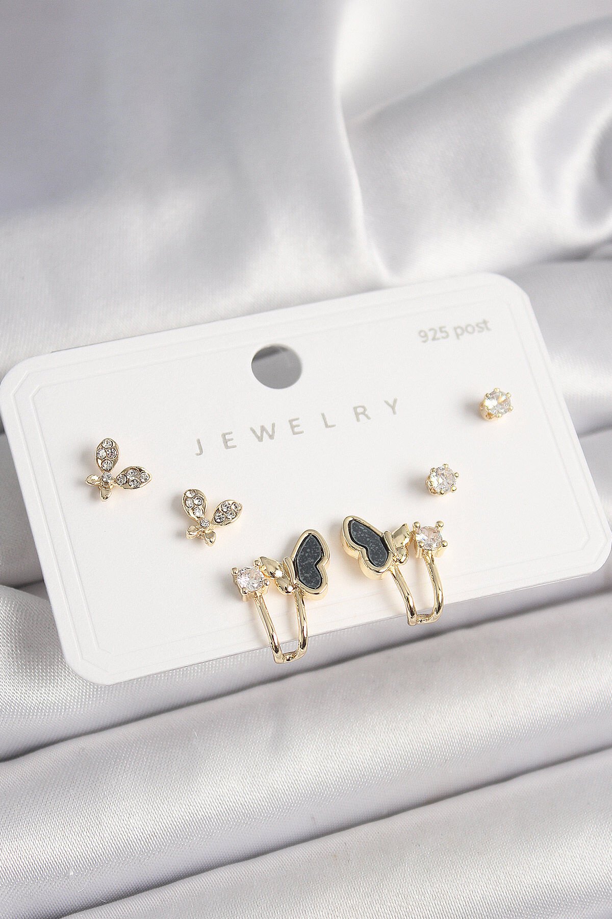 925 Ayar Gümüş Çivi Pirinç Zirkon Taşlı Kelebek Model Kadın Küpe Seti