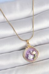 316L Çelik Gold Renk Zincir Mor Mineli İncili Çiçek İşlemeli Portre Model Kadın Kolye
