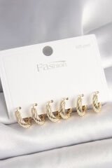 925 Ayar Gümüş Çivi Pirinç Gold Renk İşlemeli Halka Model Kadın Küpe Seti