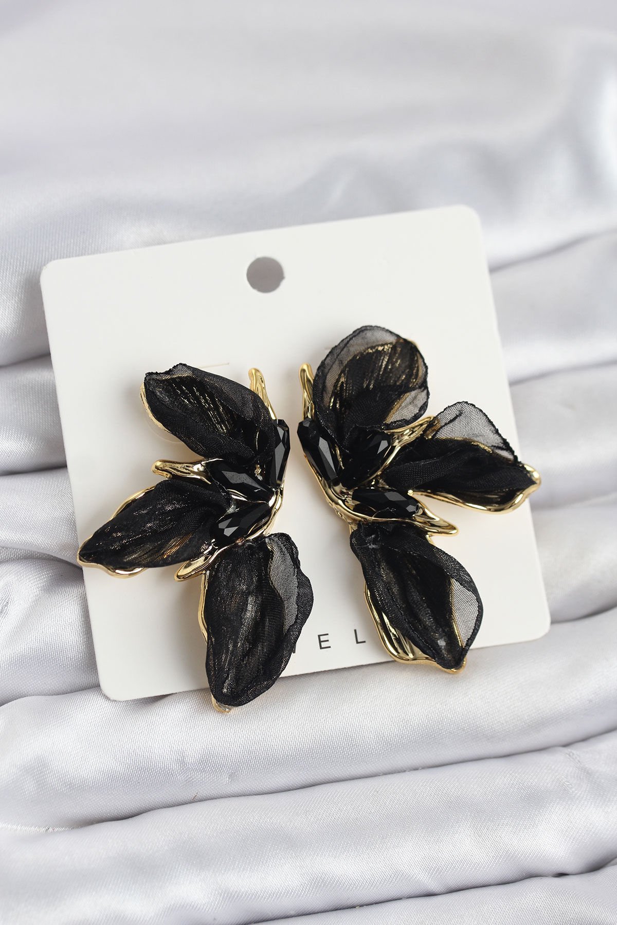 Lotus Model Siyah Renk Tüllü Kadın Küpe