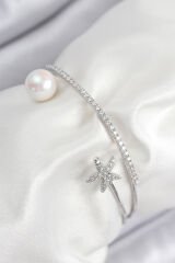 Pirinç Zirkon Taşlı Yıldız Ve İnci Model Gümüş Renk Kadın Bileklik