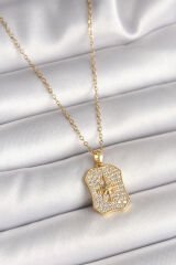 316L Çelik Gold Renk Zincir Zirkon Taşlı Kutup Yıldız İşlemeli Madalyon Model Kadın Kolye