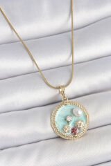 316L Çelik Gold Renk Zincir Mavi Mineli İnci Çiçek İşlemeli Zirkon Taş Detaylı Madalyon Model Kadın Kolye