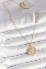 316L Çelik Gold Renk Zincir Zirkon Taşlı Ay Güneş İşlemeli Madalyon Model Kadın Kolye