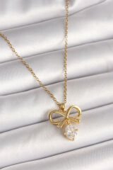 316L Çelik Gold Renk Zincir Zirkon Taşlı Kurdele Model Kadın Kolye