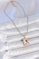 316L Çelik Gold Renk Zincir Pembe Mineli Çiçek İşlemli İnci Detay Portre Model Kadın Kolye