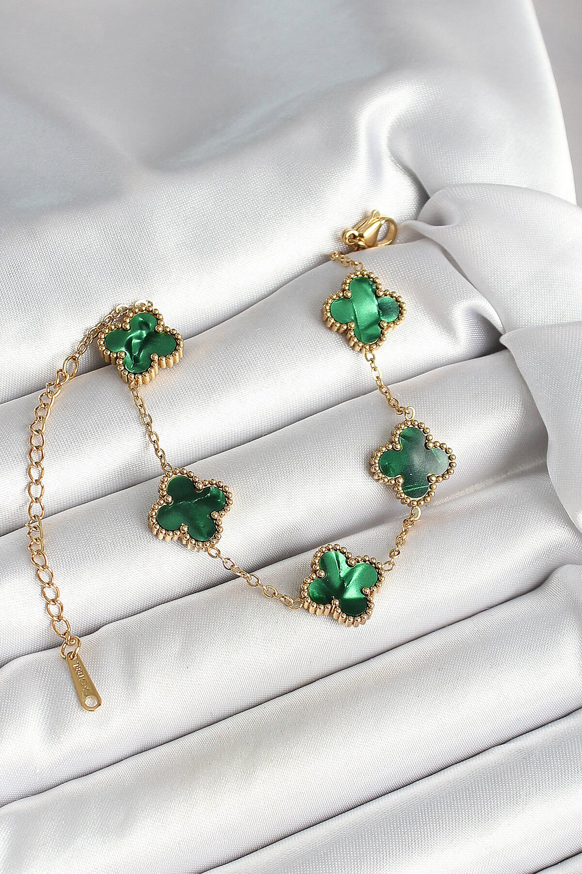 316L Çelik Sedefli Zümrüt Yeşil Gold Renk Yonca Kadın Bileklik