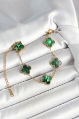 316L Çelik Sedefli Zümrüt Yeşil Gold Renk Yonca Kadın Bileklik