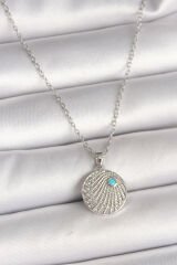 316L Çelik Gümüş Renk Zincir Zirkon Taşlı Mavi Taş Detaylı Madalyon Model Kadın Kolye