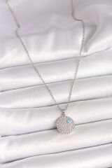 316L Çelik Gümüş Renk Zincir Zirkon Taşlı Mavi Taş Detaylı Madalyon Model Kadın Kolye