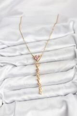 316L Çelik Zincir Gold Renk Pembe Kalp Kadın Kolye