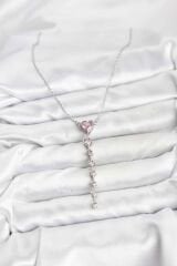 316L Çelik Zincir Gümüş Renk Pembe Kalp Kadın Kolye