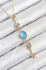 Pirinç Zincir Mavi Gold Renk Zirkon Taşlı Y Kolye