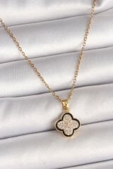 316L Çelik Gold Renk Zincir Zirkon Taşlı Yonca Model Kadın Kolye