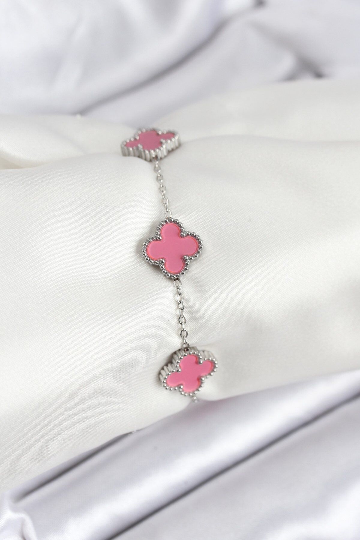 316L Çelik Gümüş Zincir Pembe Renk Yonca Bileklik