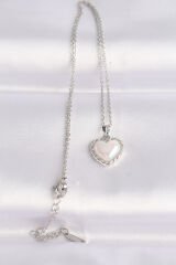 316L Çelik Zincir Gümüş Renk Beyaz Taşlı Bombeli Kalp Kolye