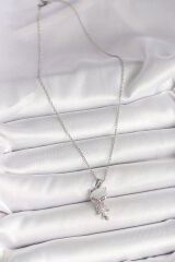 316L Çelik Gümüş Renk Zincir Zirkon Taşlı Kedi Model Kadın Kolye