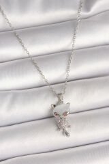 316L Çelik Gümüş Renk Zincir Zirkon Taşlı Kedi Model Kadın Kolye