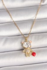 316L Çelik Gold Renk Zincir Zirkon Taşlı Ayıcık Model Kırmızı Kalp Detay Kadın Kolye
