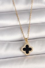 316L Çelik Gold Renk Zincir Zirkon Taşlı Yonca Model Kadın Kolye