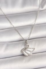 316L Çelik Gümüş Renk Zincir Zirkon Taşlı Kuğu Model Kadın Kolye