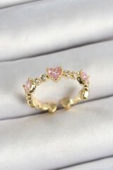 Pirinç Sıralı Kalp Figürlü Zirkon Taşlı Gold Renk Ayarlanabilir Kadın Yüzük