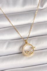 316L Çelik Gold Renk Zincir Zirkon Taşlı Ay Yıldız Model Sonsuzluk Detay Kadın Kolye