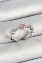 Pirinç Sıralı Kalp Figürlü Zirkon Taşlı Gümüş Renk Ayarlanabilir Kadın Yüzük