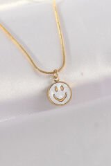316L Çelik Zincir Altın Renk Mermer Desenli Minimal Smile Kolye