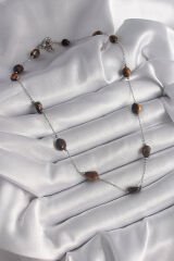 316L Çelik Gümüş Renk Zincir Kahverengi Doğaltaş Model Kadın Kolye