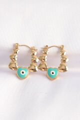 316L Çelik Gold Renk Mavi Nazarlı Kalpli Model Küpe