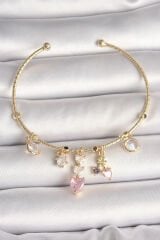Pirinç Gold Renk Sallantı Zirkon Taşlı Kalp Figür Pembe Kalp Detay Charm Kadın Bileklik